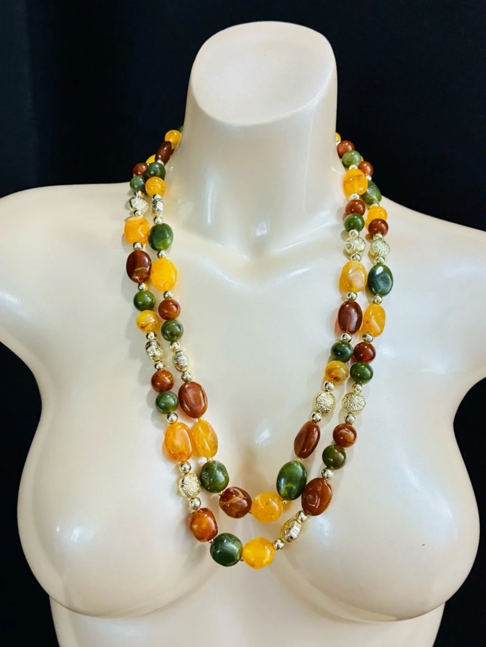 VTG Multi-Strand Amber, Green & Brown Beaded Necklace Earthy Natural Tones EUC